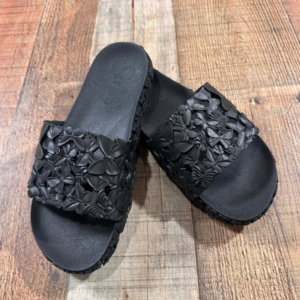 Sunies Black Butterfly Eco-Friendly Slide Sandals Women's Size 6 US 36 EU